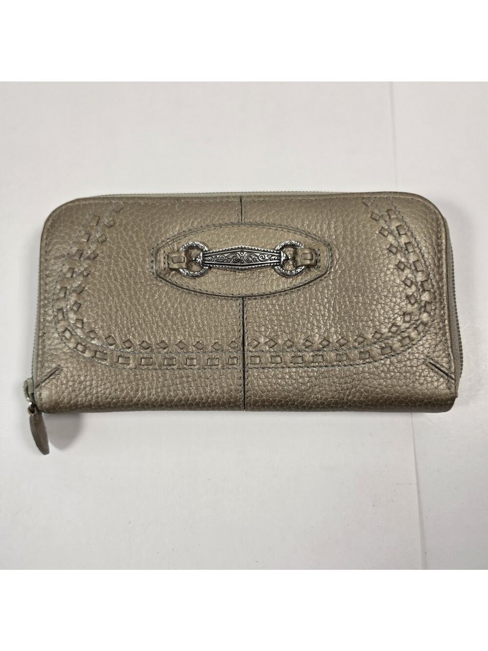 Brighton Gold Pebbled Leather Zip Around Wallet metal and Stitching accents